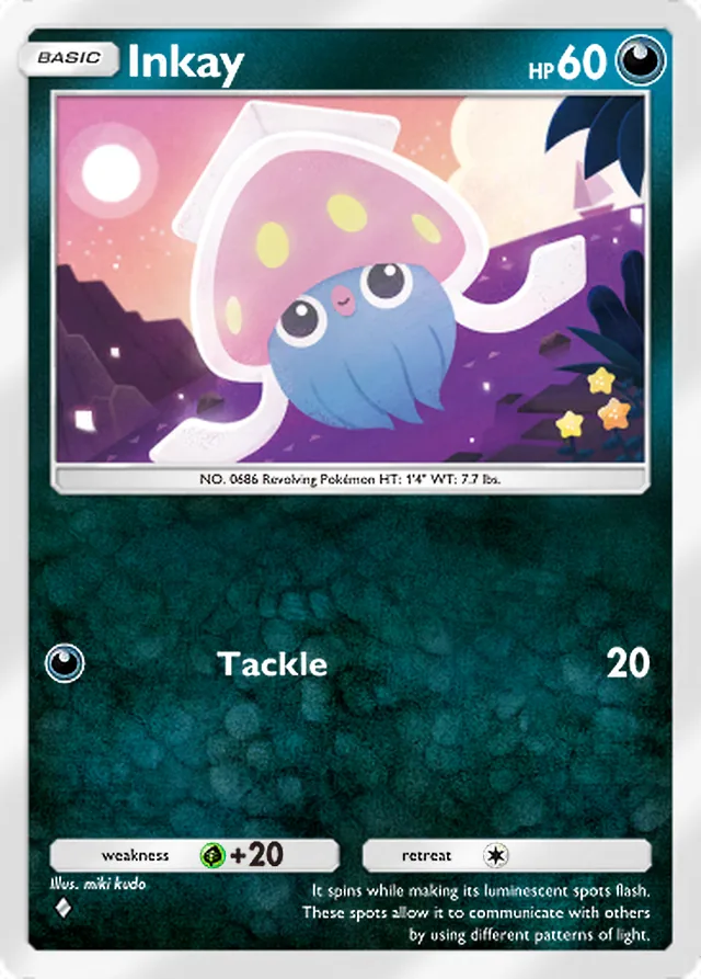Inkay, Secluded Springs #051, Basic Darkness Pokémon, illustrated by miki kudo