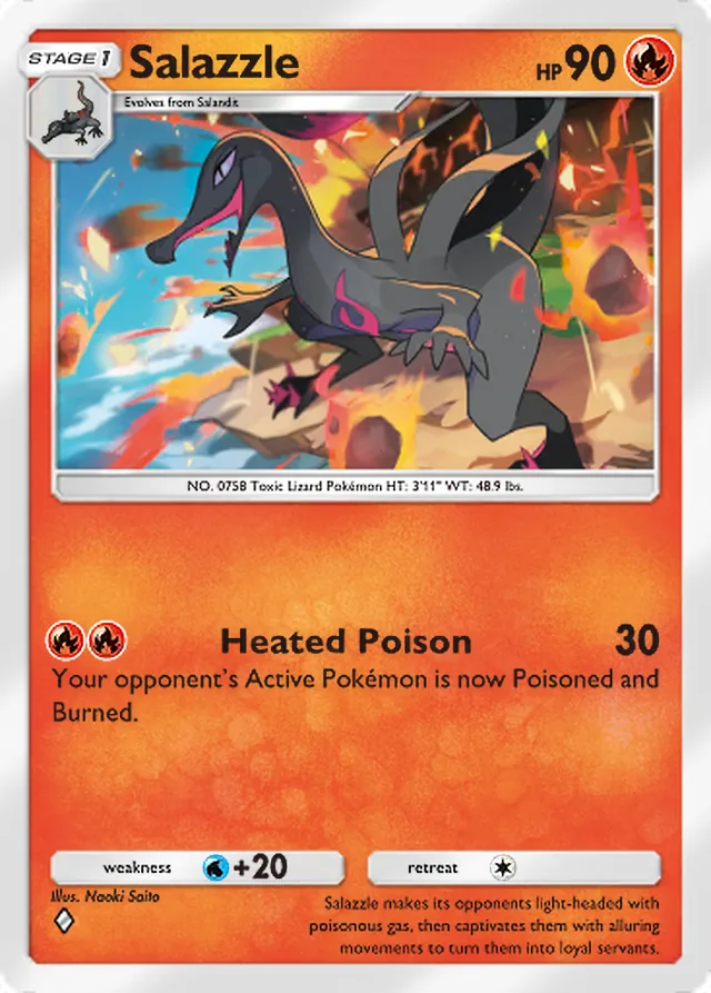 Salazzle, Celestial Guardians #036, Stage 1 Fire Pokémon, illustrated by Naoki Saito