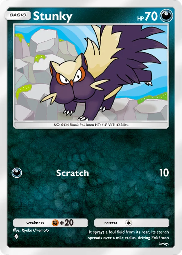 Stunky, Space-Time Smackdown #102, Basic Darkness Pokémon, illustrated by Kyoko Umemoto