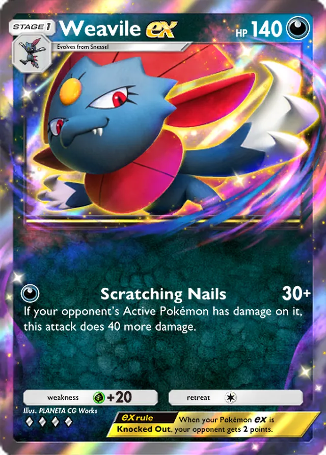 Weavile ex, Space-Time Smackdown #099, Stage 1 Darkness Pokémon, illustrated by PLANETA CG Works