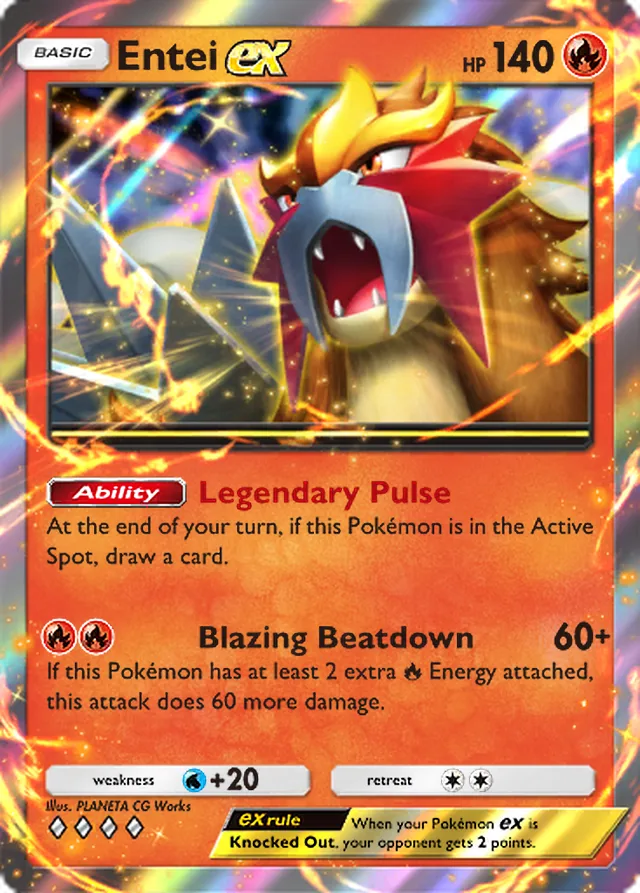 Entei ex, Secluded Springs #010, Basic Fire Pokémon, illustrated by PLANETA CG Works