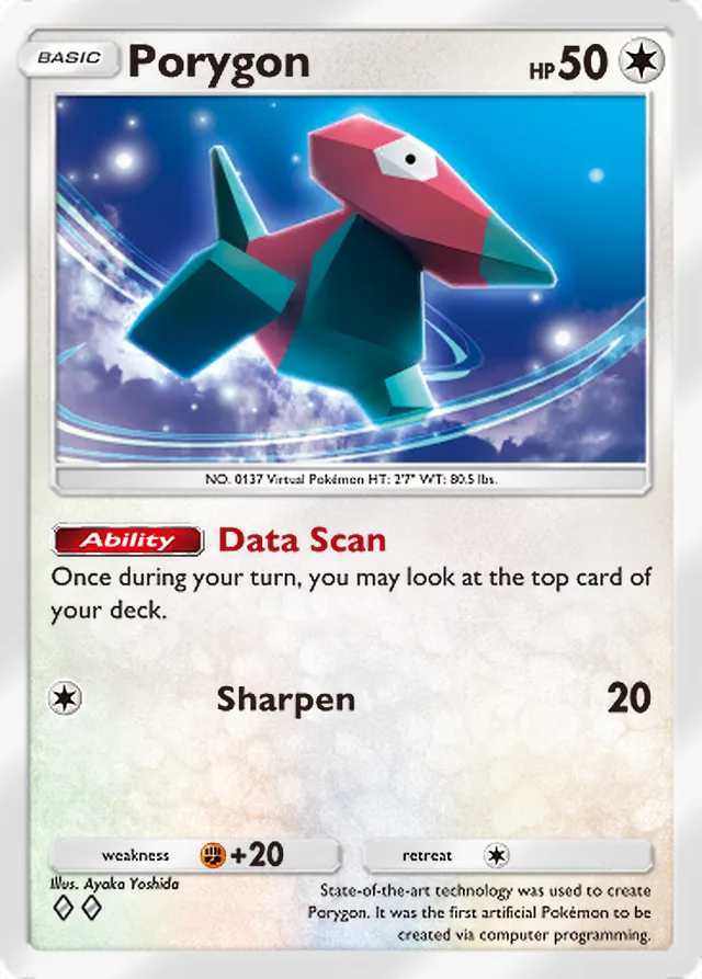 Porygon, Genetic Apex #209, Basic Colorless Pokémon, illustrated by Ayaka Yoshida