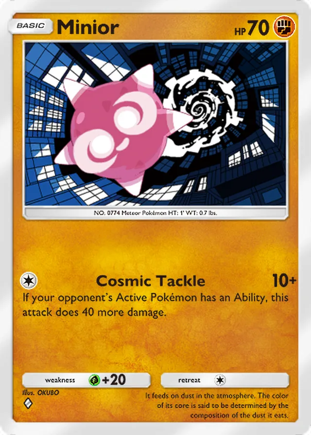Minior, Ruler of the Skies #090, Basic Fighting Pokémon, illustrated by OKUBO