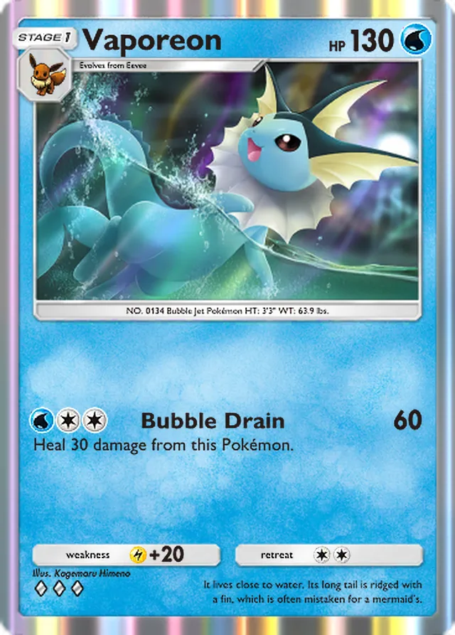 Vaporeon, Genetic Apex #080, Stage 1 Water Pokémon, illustrated by Kagemaru Himeno