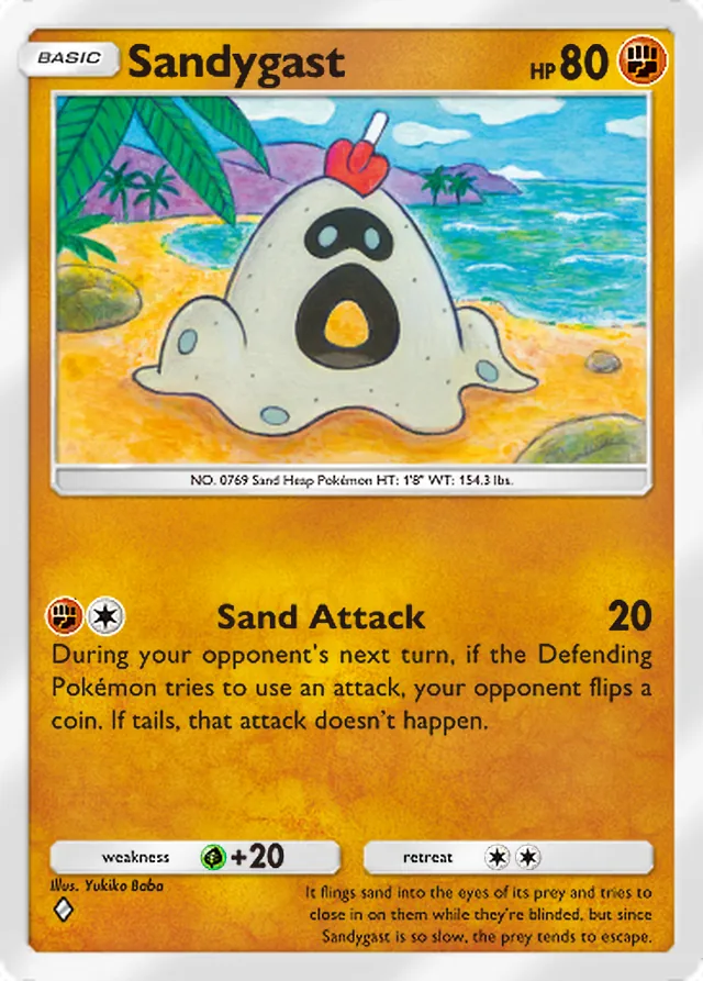 Sandygast, Mega Rising #143, Basic Fighting Pokémon, illustrated by Yukiko Baba