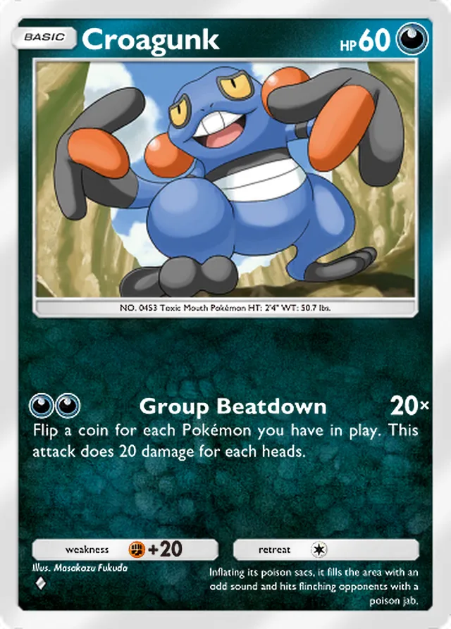 Croagunk, Space-Time Smackdown #107, Basic Darkness Pokémon, illustrated by Masakazu Fukuda