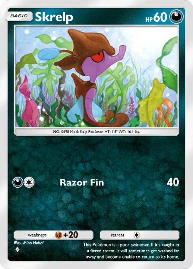 Skrelp, Mega Rising #159, Basic Darkness Pokémon, illustrated by Mina Nakai
