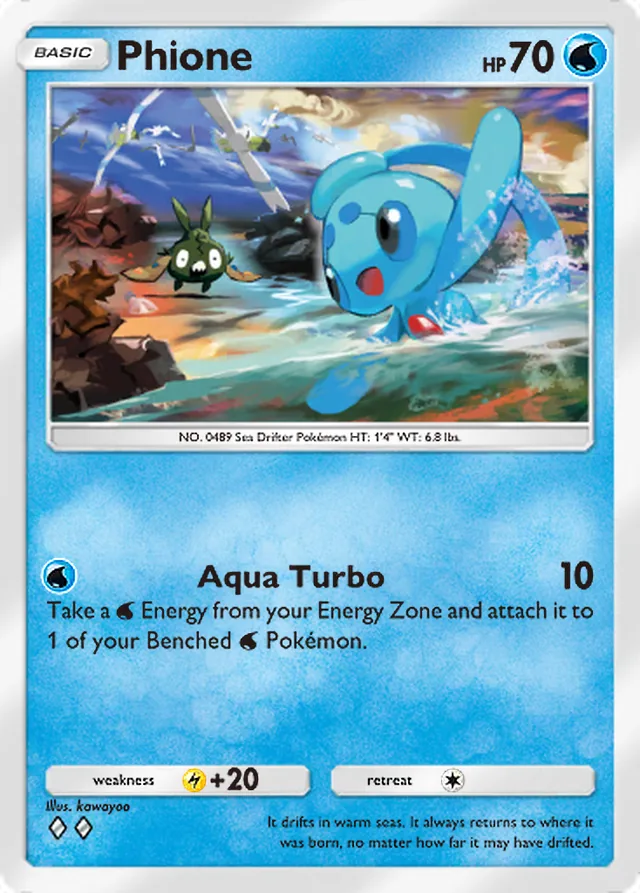 Phione, Mega Shine #021, Basic Water Pokémon, illustrated by kawayoo