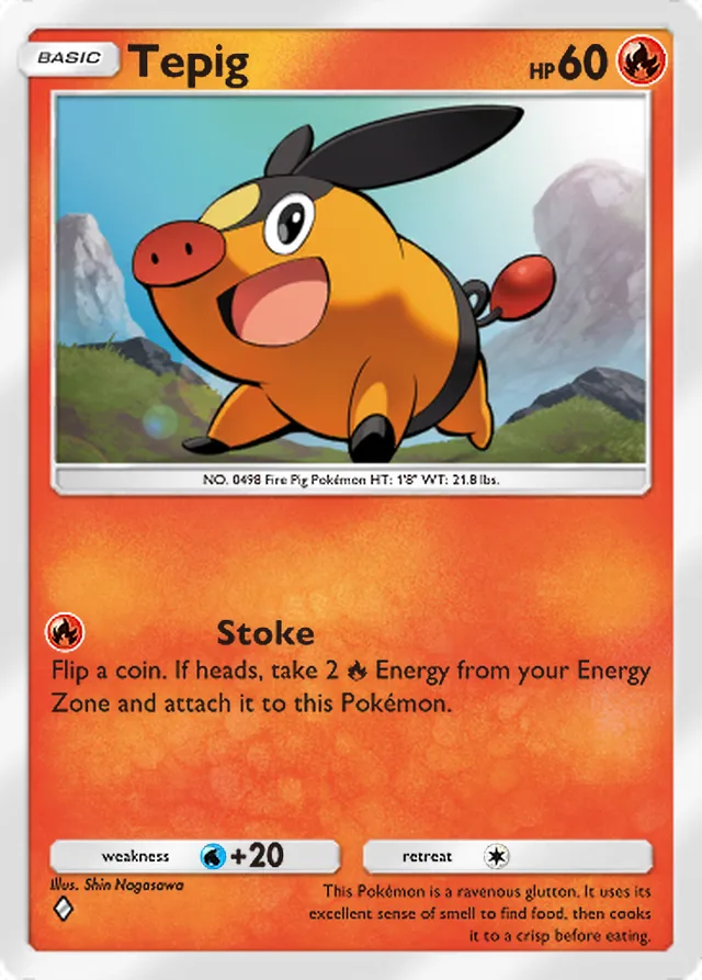 Tepig, Pulsing Aura #026, Basic Fire Pokémon, illustrated by Shin Nagasawa