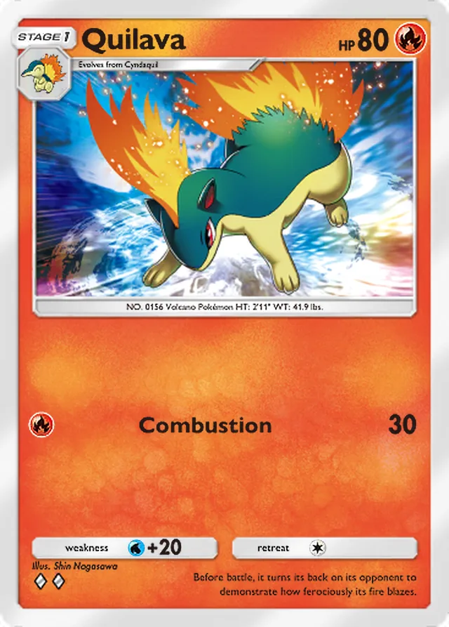 Quilava, Wisdom of Sea and Sky #028, Stage 1 Fire Pokémon, illustrated by Shin Nagasawa