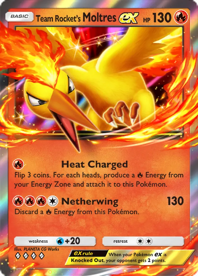 Team Rocket’s Moltres ex, Team Rocket’s Ambition #007, Basic Fire Pokémon, illustrated by PLANETA CG Works