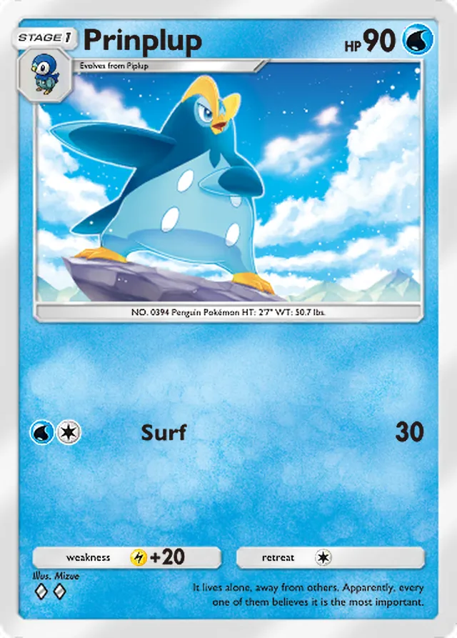 Prinplup, Space-Time Smackdown #036, Stage 1 Water Pokémon, illustrated by Mizue
