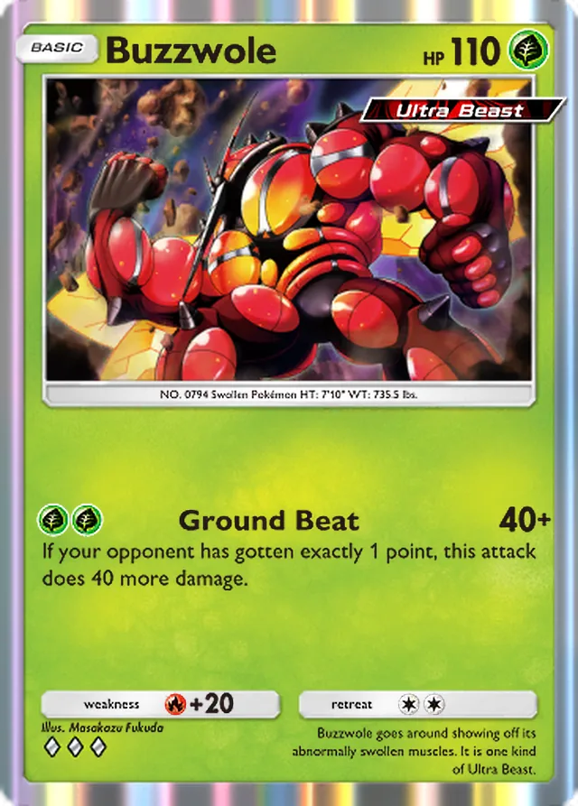 Buzzwole, Fantastical Parade #014, Basic Grass Pokémon, illustrated by Masakazu Fukuda