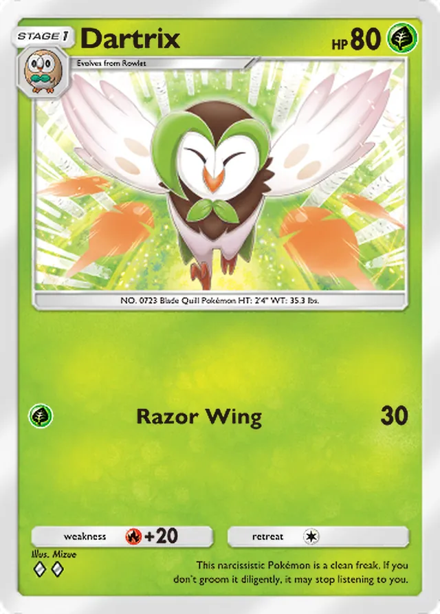 Dartrix, Celestial Guardians #011, Stage 1 Grass Pokémon, illustrated by Mizue