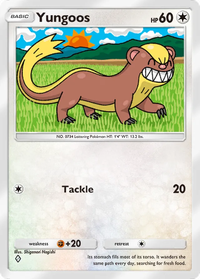 Yungoos, Celestial Guardians #136, Basic Colorless Pokémon, illustrated by Shigenori Negishi