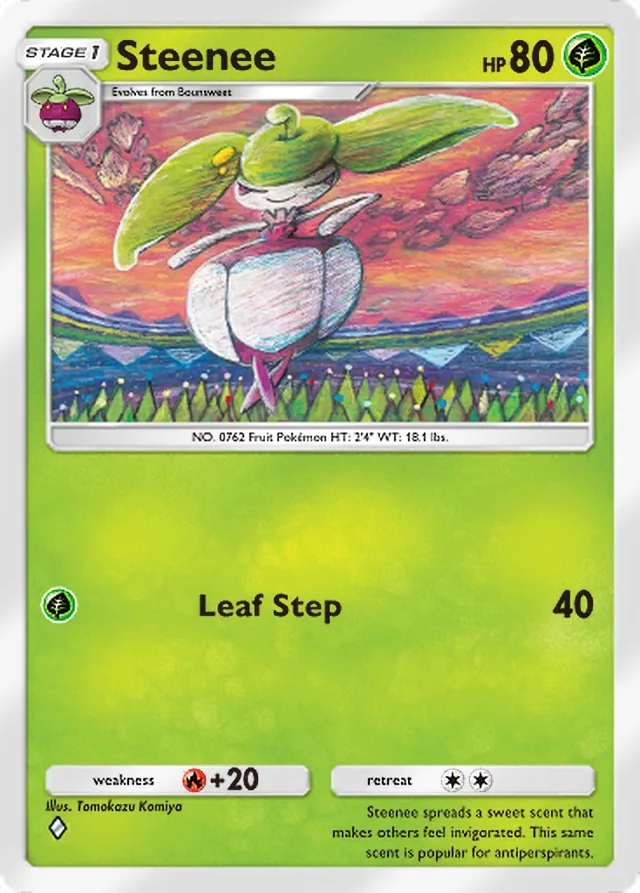 Steenee, Eevee Grove #004, Stage 1 Grass Pokémon, illustrated by Tomokazu Komiya