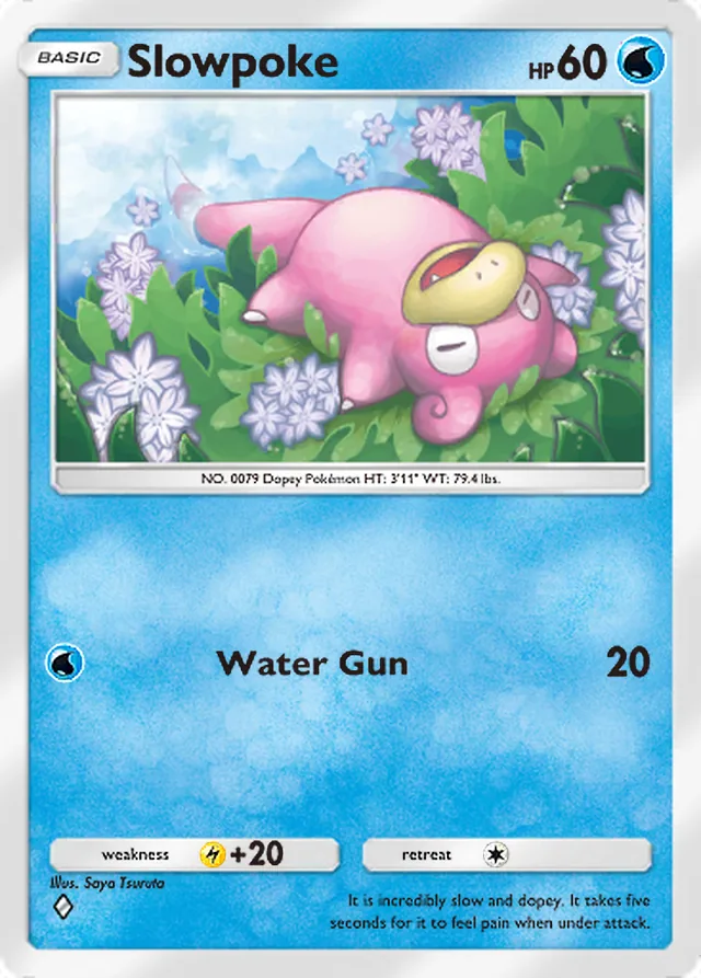 Slowpoke, Secluded Springs #017, Basic Water Pokémon, illustrated by Saya Tsuruta