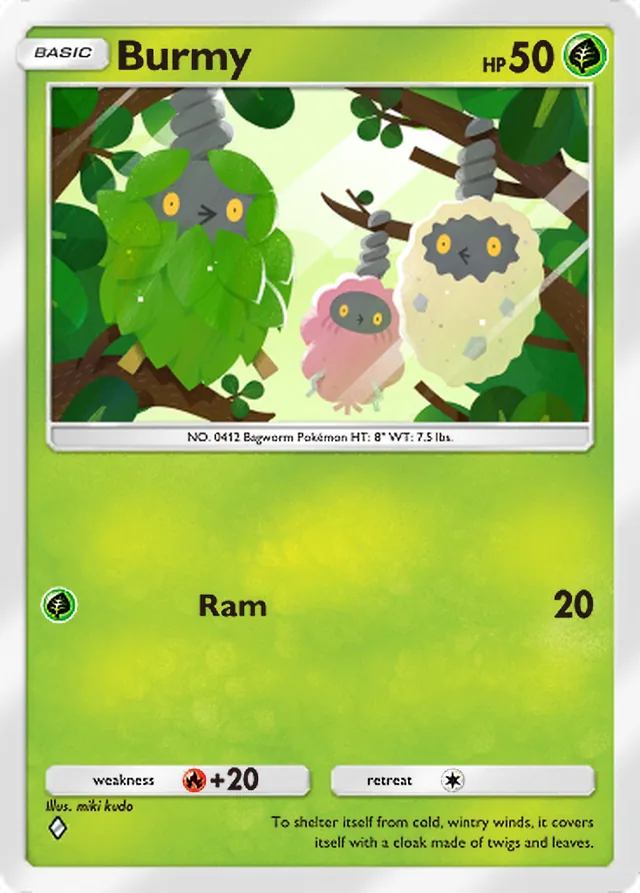 Burmy, Triumphant Light #002, Basic Grass Pokémon, illustrated by miki kudo