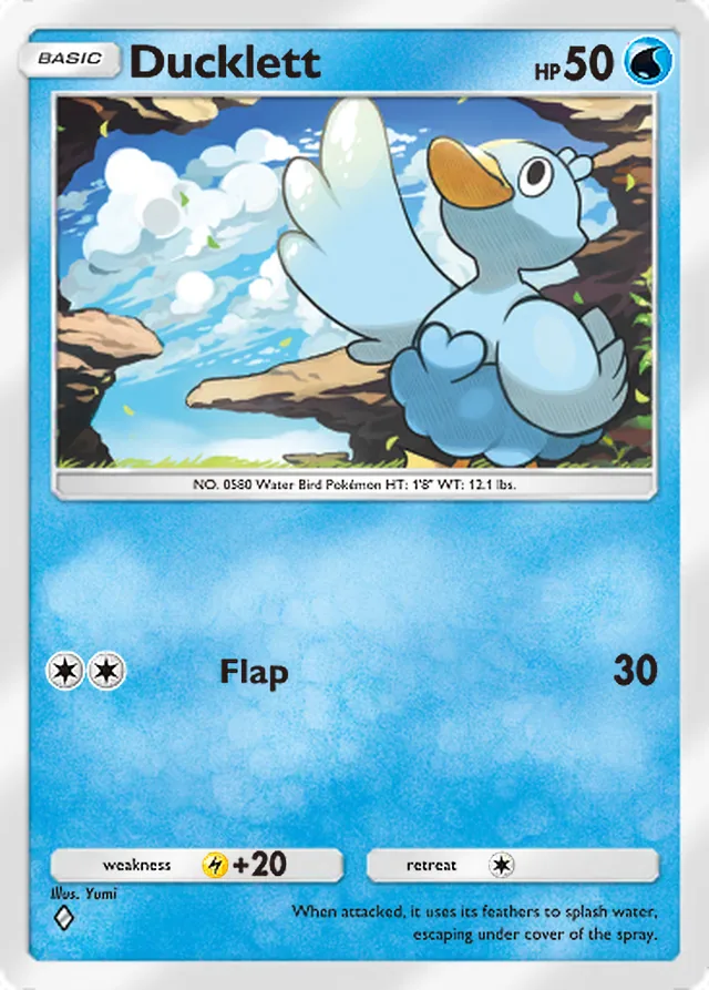 Ducklett, Genetic Apex #085, Basic Water Pokémon, illustrated by Yumi