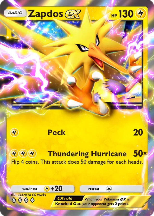 Zapdos ex, Genetic Apex #104, Basic Lightning Pokémon, illustrated by PLANETA CG Works