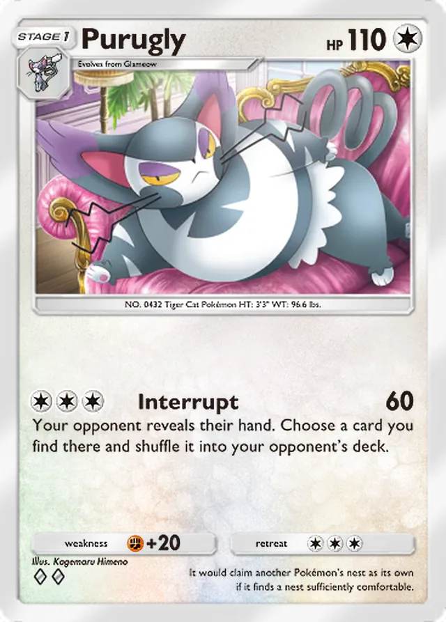 Purugly, Space-Time Smackdown #140, Stage 1 Colorless Pokémon, illustrated by Kagemaru Himeno