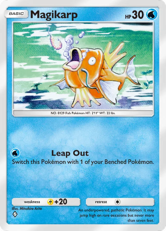 Magikarp, Mythical Island #017, Basic Water Pokémon, illustrated by Mitsuhiro Arita