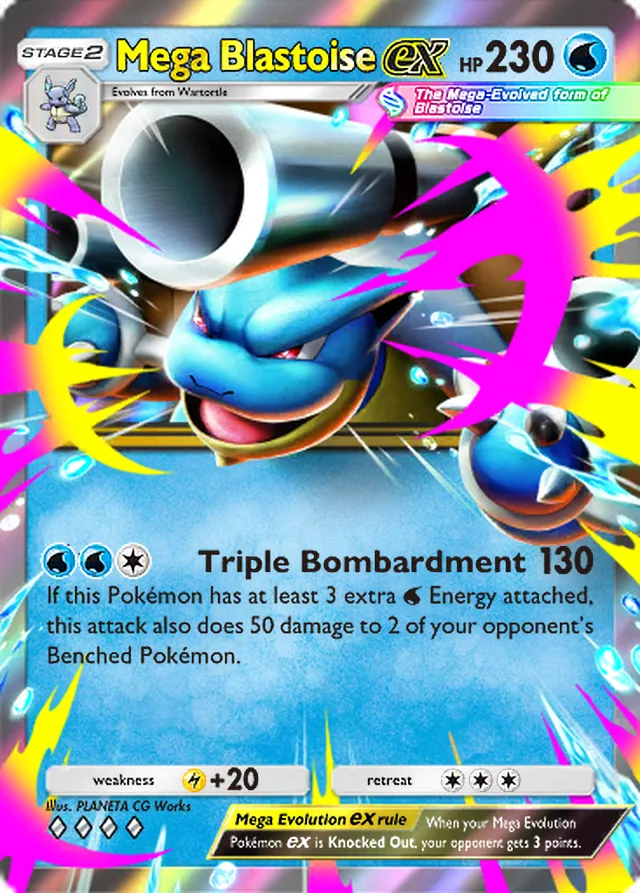 Mega Blastoise ex, Crimson Blaze #020, Stage 2 Water Pokémon, illustrated by PLANETA CG Works