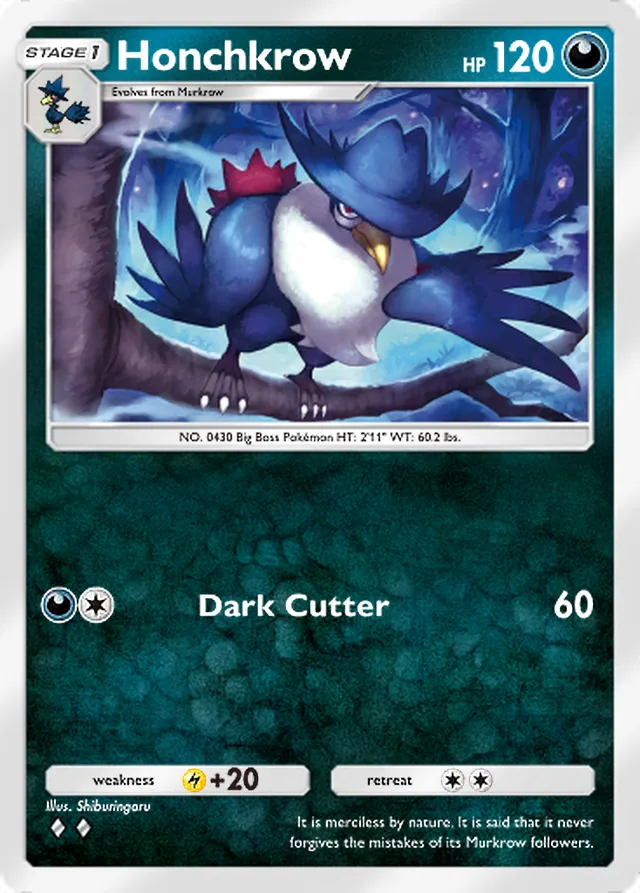 Honchkrow, Wisdom of Sea and Sky #114, Stage 1 Darkness Pokémon, illustrated by Shiburingaru