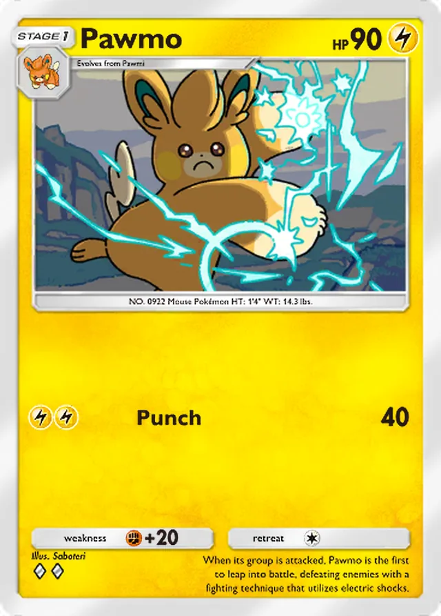 Pawmo, Shining Revelry #027, Stage 1 Lightning Pokémon, illustrated by Saboteri