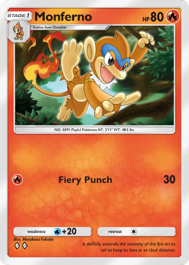 Monferno, Space-Time Smackdown #028, Stage 1 Fire Pokémon, illustrated by Masakazu Fukuda