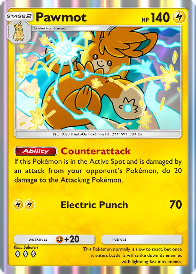 Pawmot, Shining Revelry #028, Stage 2 Lightning Pokémon, illustrated by Saboteri