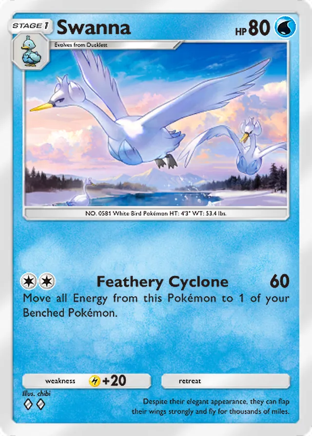 Swanna, Wisdom of Sea and Sky #063, Stage 1 Water Pokémon, illustrated by chibi