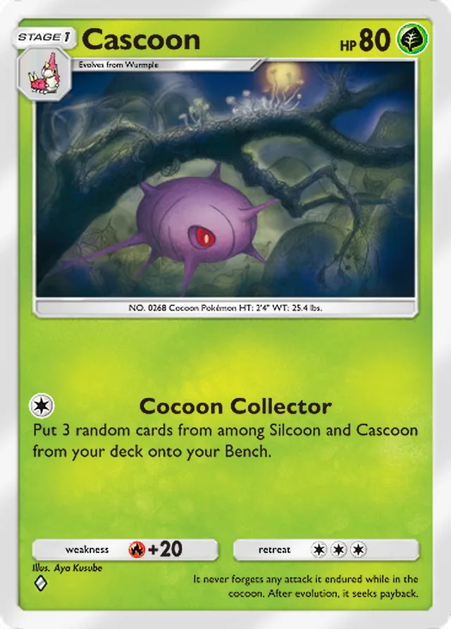 Cascoon, Ruler of the Skies #004, Stage 1 Grass Pokémon, illustrated by Aya Kusube