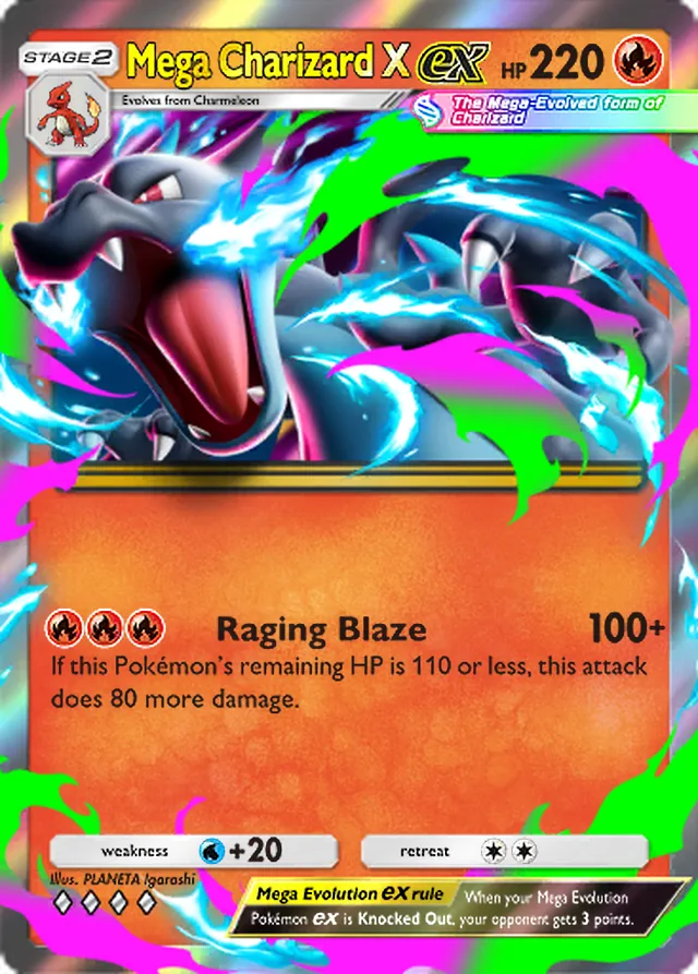 Mega Charizard X ex, Mega Shine #009, Stage 2 Fire Pokémon, illustrated by PLANETA Igarashi
