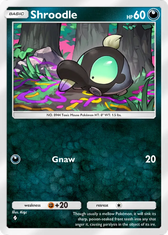 Shroodle, Shining Revelry #050, Basic Darkness Pokémon, illustrated by Krgc