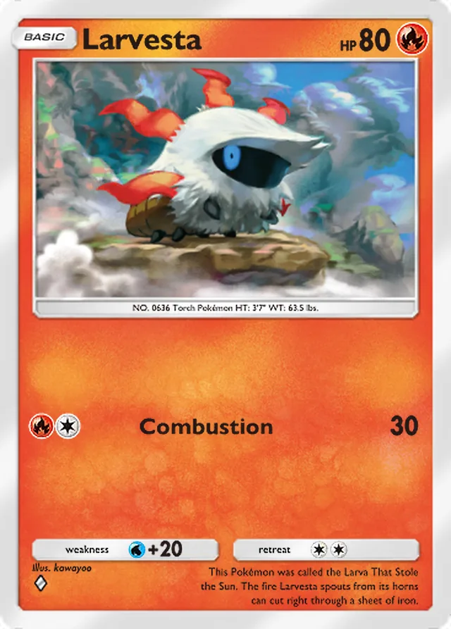 Larvesta, Mythical Island #013, Basic Fire Pokémon, illustrated by kawayoo