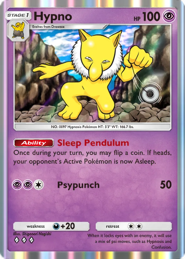 Hypno, Genetic Apex #125, Stage 1 Psychic Pokémon, illustrated by Shigenori Negishi