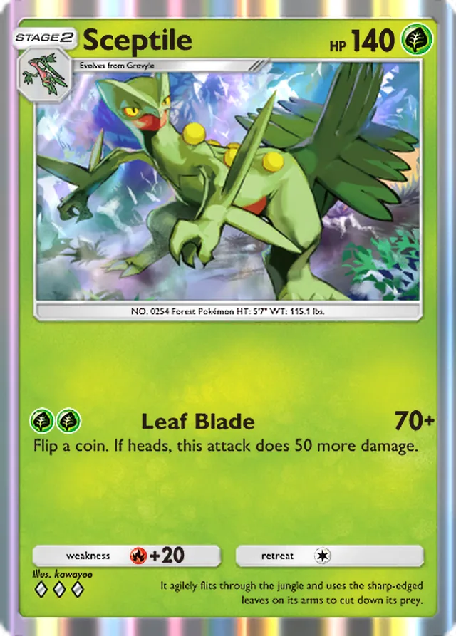 Sceptile, Pulsing Aura #007, Stage 2 Grass Pokémon, illustrated by kawayoo