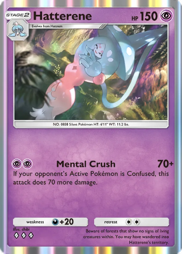 Hatterene, Pulsing Aura #071, Stage 2 Psychic Pokémon, illustrated by chibi