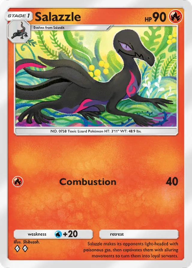 Salazzle, Eevee Grove #015, Stage 1 Fire Pokémon, illustrated by Shibuzoh.
