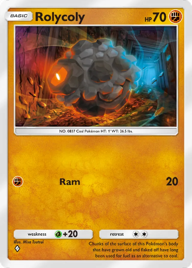 Rolycoly, Mega Rising #145, Basic Fighting Pokémon, illustrated by Misa Tsutsui