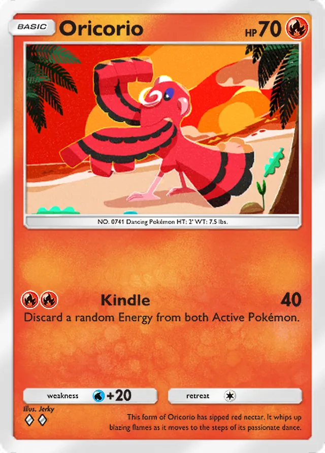 Oricorio, Celestial Guardians #034, Basic Fire Pokémon, illustrated by Jerky