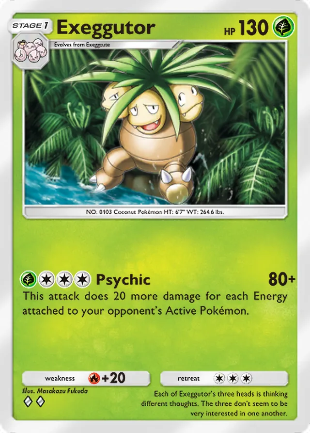 Exeggutor, Mythical Island #002, Stage 1 Grass Pokémon, illustrated by Masakazu Fukuda