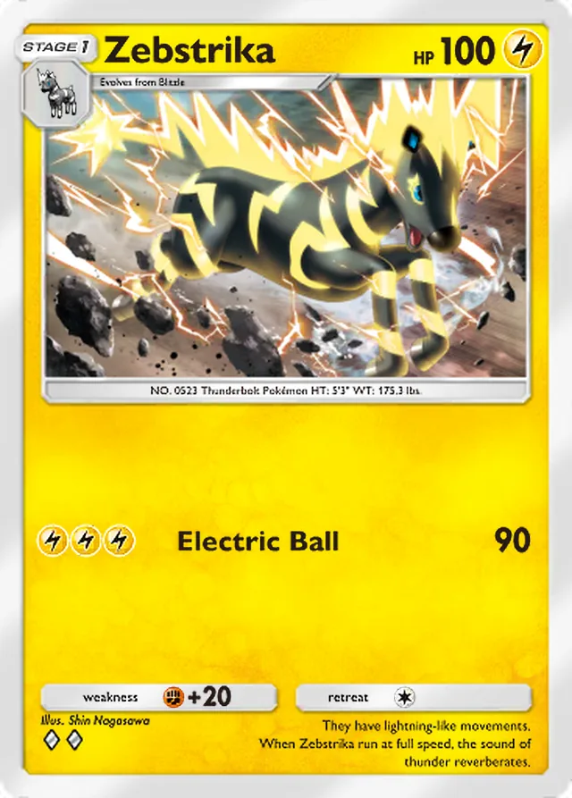 Zebstrika, Mega Rising #091, Stage 1 Lightning Pokémon, illustrated by Shin Nagasawa