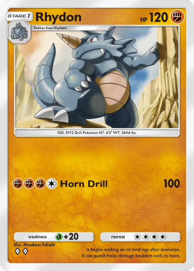 Rhydon, Genetic Apex #157, Stage 1 Fighting Pokémon, illustrated by Masakazu Fukuda