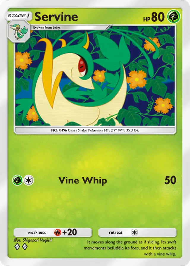 Servine, Mythical Island #005, Stage 1 Grass Pokémon, illustrated by Shigenori Negishi