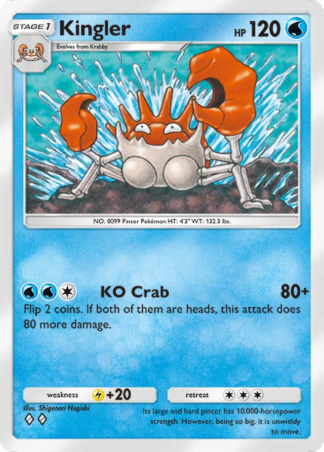Kingler, Genetic Apex #069, Stage 1 Water Pokémon, illustrated by Shigenori Negishi