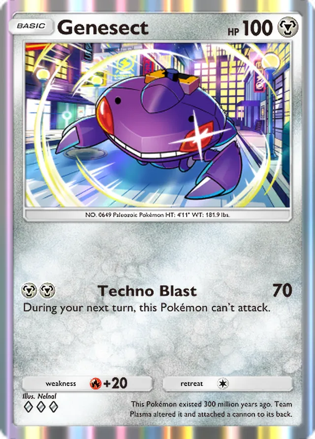 Genesect, Ruler of the Skies #111, Basic Metal Pokémon, illustrated by Nelnal