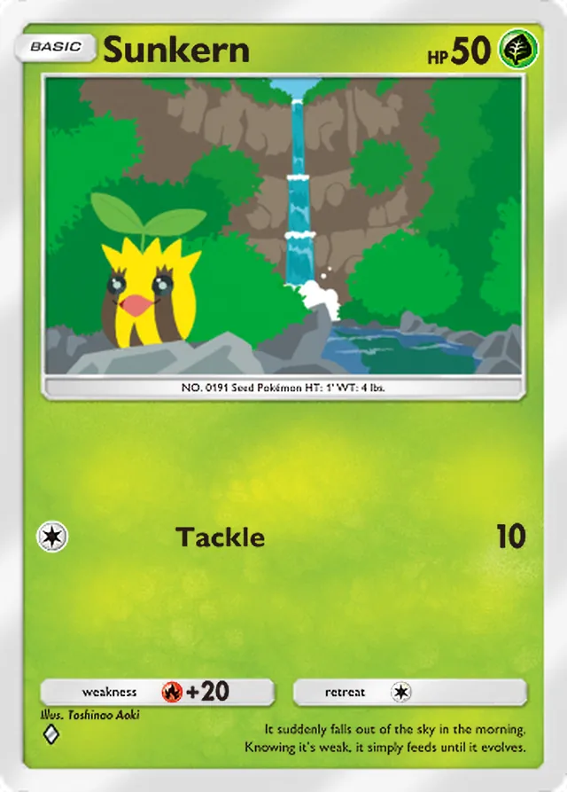 Sunkern, Secluded Springs #004, Basic Grass Pokémon, illustrated by Toshinao Aoki