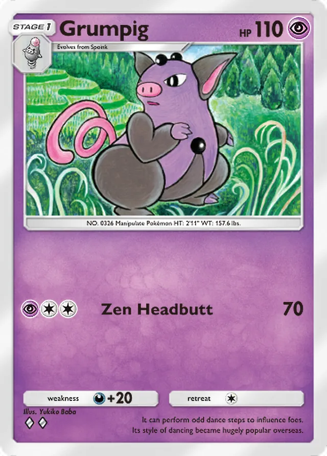 Grumpig, Celestial Guardians #072, Stage 1 Psychic Pokémon, illustrated by Yukiko Baba